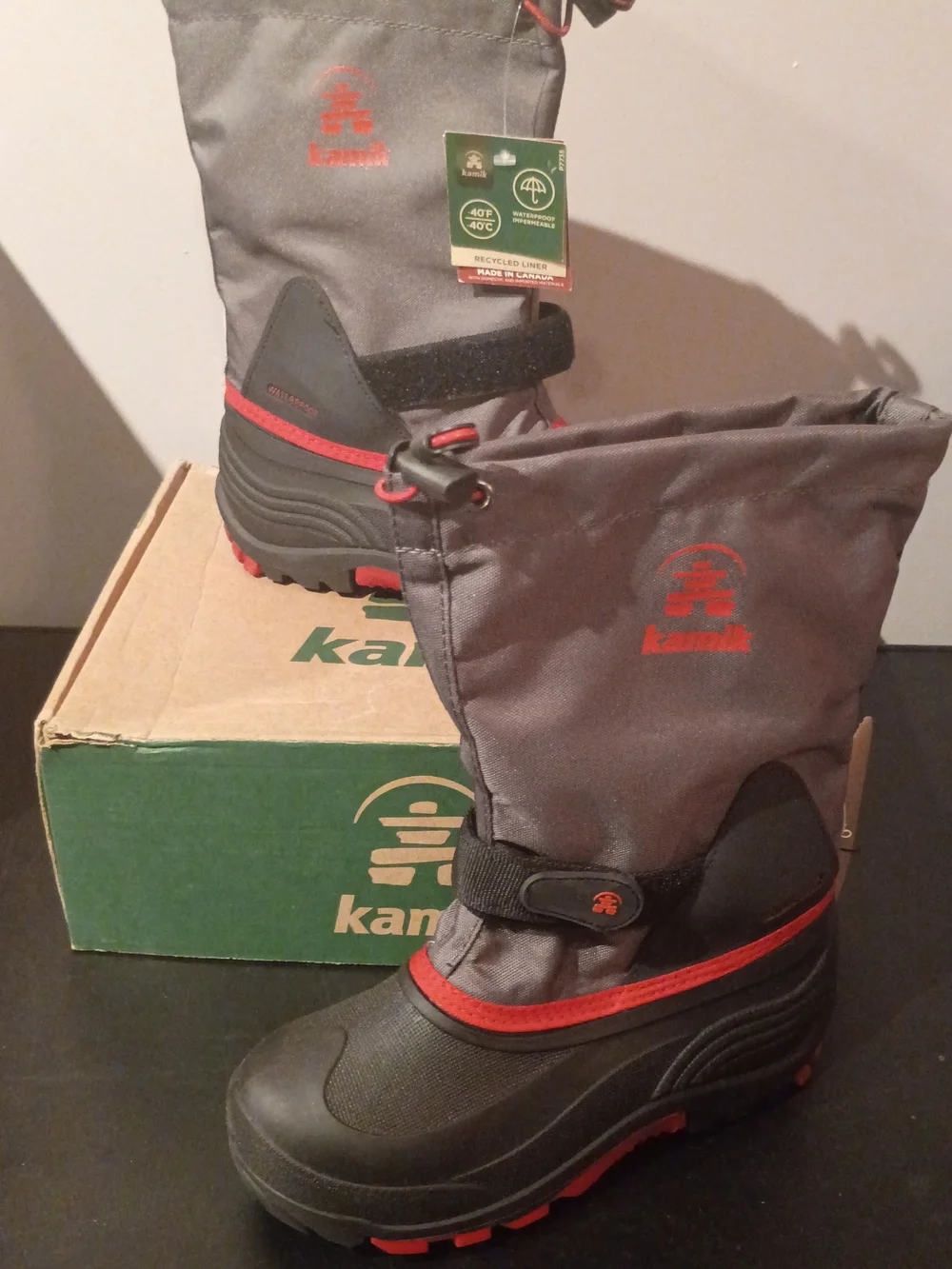 Kamik Waterproof Kids Winter Boot in Gray & Red